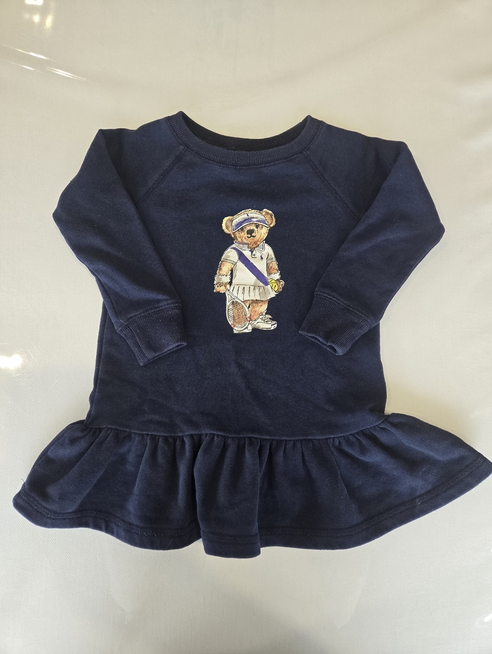 Polo Ralph Lauren Navy Tennis Bear Toddler Girls Ruffle Hem Knit Dress 3/3T